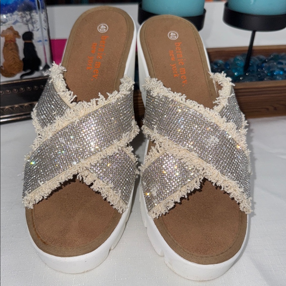 Bernie Mev Sparkling Silver and Cream Slides